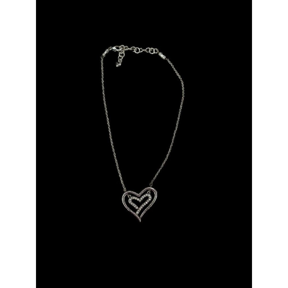BRIGHTON Double Heart Crystal LOVESTRUCK Silver Plate Necklace 16-19" adjustable